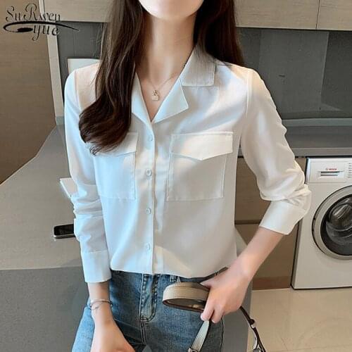 2021 Autumn New Korean OL Suit Collar Ladies Tops Long Sleeve Chiffon Blouse Womens White Shirt Cardigan Ropa De Mujer 10696