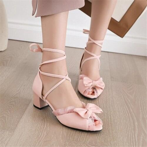 PXELENA Sweet Lace Ruffles Bowknot Lady Strappy Gladiator Sandals Square Med Heels Peep Toe Cross tied Shoes Women Dress Party