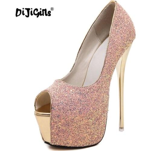 DIJIGIRLS New Women Pumps Bling Sexy 16 CM Ultra High High-heeled Shoes Peep Toe Pumps Party Dress Shoes Zapatos Mujer