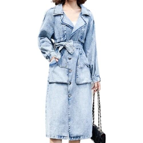 Plus Size Korean Long Jean Coat Women With Belt High Street Loose Casual Autumn Denim Trench Coat Outerwear S-3XL