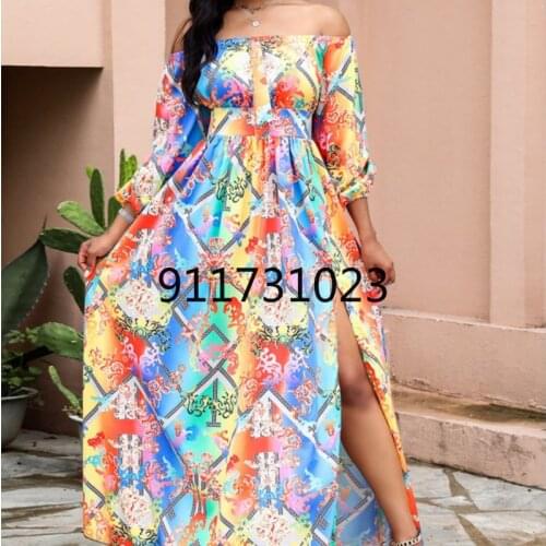African Dresses For Women 2021 New Off Shoulder Long Sleeve Vintage Print Dress Women Sexy High Slit Elegant Evening Gown