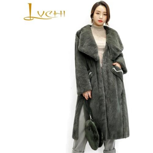 LVCHI Winter 2019 Mink Fur Coats Womens Cute Long Sleeve Coat Split the fork Striped Real Natural Fur X-Long Causal Mink Coats