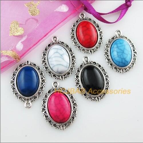 12 New Oval Mixed Charms Stone Tibetan Silver Color Pendant 21x28mm