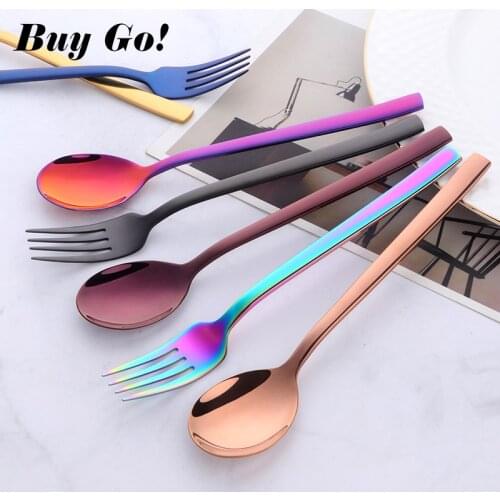 2Pcs/set Stainless Steel Rainbow Children Students Gift Tableware Sets Long Handle Portable Kids Fork Soup Scoop Dinnerware Set