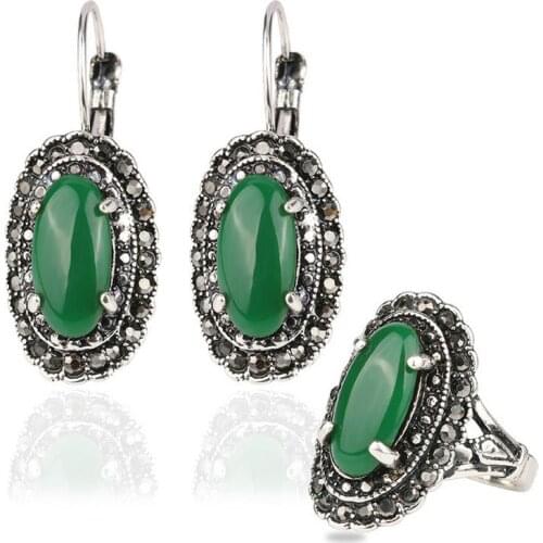 Hot Sale Vintage Earrings and Rings Jewelry Sets Silver Plated Oval Opal Man-made diaond Jewelry Green Crystal Jewelry