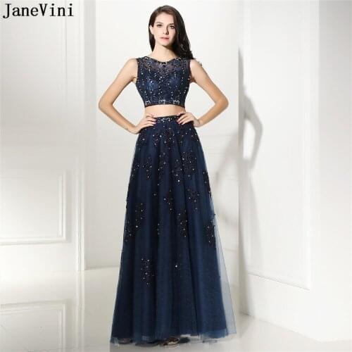 JaneVini Vintage Navy Blue Two Piece Bridesmaid Dresses A Line Appliques Beaded Sheer Back Tulle Floor Length Elegant Prom Gowns