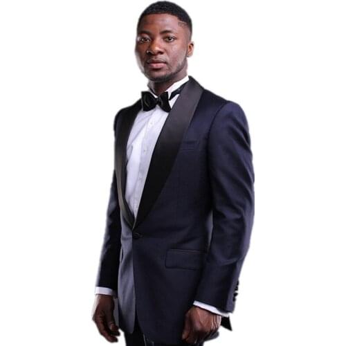 Classic Navy Blue Men Suits For Party Wedding Cheap Slim Fit Shawl Lapel Groom Tuxedos ( jacket+Pants+tie)
