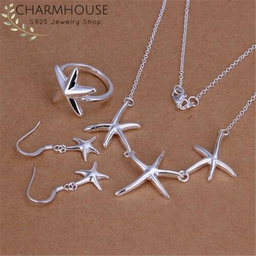 Charmhouse Silver 925 Jewelry Sets For Women Sea Star Earrings Bracelet Necklace Ring Costume Wedding Jewelry Accessories Gifts