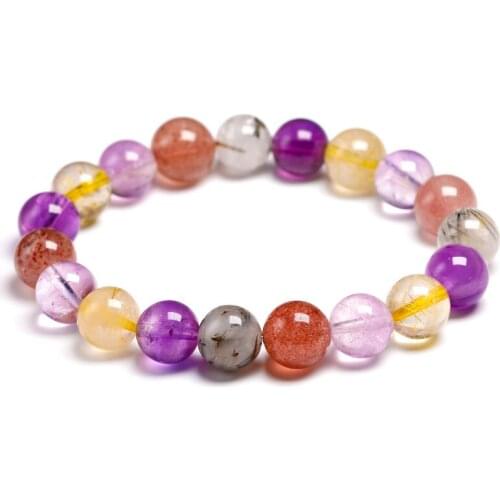 Colorful Natural Amethyst Stone Bracelets For Women Stretch Strawberry Quartz Round Bead Natural Rutilated Bracelet Gift