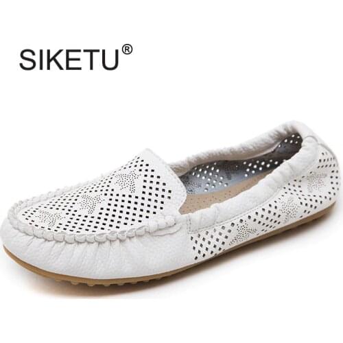 Woman Loafers PU Leather Shoes for Mother Flat with Sewing Summer Womens White Shoes Breathable Hollow Ballet Flats Black Beige