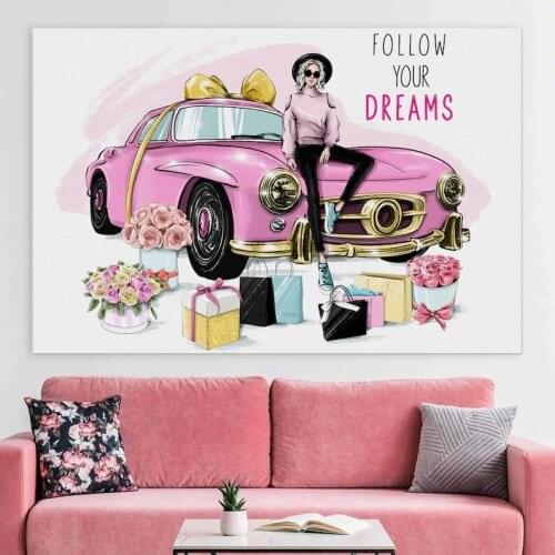 Home Decor Canves Painting Print Fashion Posters Modern Women Sitting in Pink Cars and Flower Perfume Fashion Prints