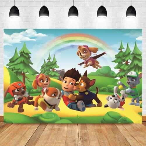 Cartoon Dogs Forest Rainbow Sky Backdrops Photography Family Patrol Kids Birthday Party Photo Background For Table Decor