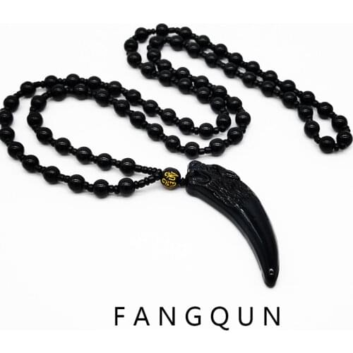 New Fashion Black Obsidian Wolf Tooth Spike Pendant Necklace For Women Men Stone Beads Chain Necklace Jewelry Gifts