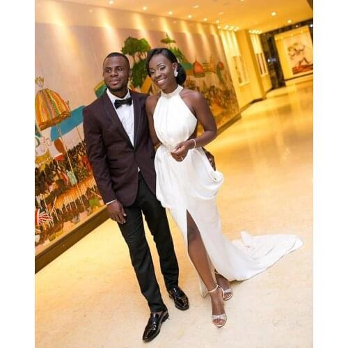 Latest Halter Sleeveless African Wedding Dresses Sweep Train Chiffon Split Side Bridal Gowns Custom made