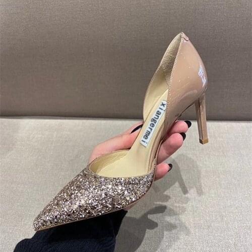 Spring and summer new pointed sequins sexy fashion stitching stiletto bridal wedding shoes banquet dress all-match female sandal
