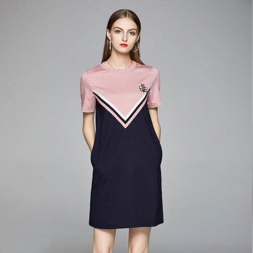 New Women T-shirt Dress Summer 2021 Fashion Casual Contrast Color Patchwork Embroidered Flares Basics Slim Short Sleeve Dress
