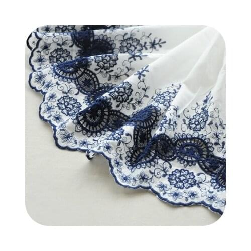 Off-white cloth +Navy thread Two Side Bilateral Embroidery Cotton Lace Fabric ,Skirt Cloth Width 130cm 1yard