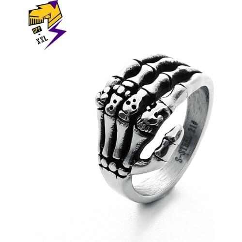Punk Skeleton Finger Rings for Men Stainless Steel Vintage Silver Skull Hand Ring Women Engagement Fashion Jewelry Nickel Free