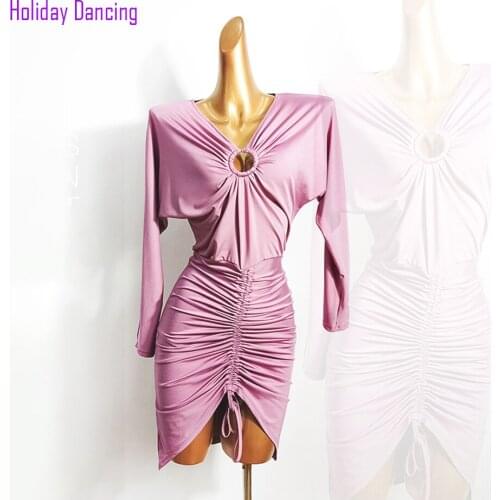 Women Latin Dance Dress V Neck Bare Back Wrinkle Design Dancing Practise Cloth Samba Tango Chacha Dancing Performamnce W571