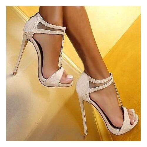 Real Photo Hot Selling Black Pink Beige Suede Leather Ankle Strap Cut-out Sandals High Heel T-bar Crystal Summer Dress shoes wom