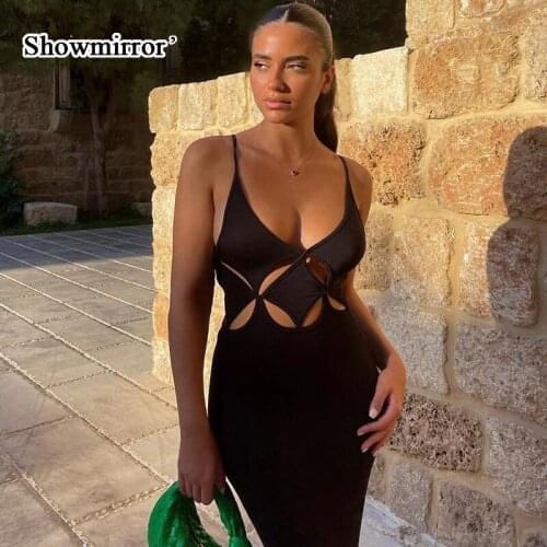 Showmirror Spaghetti Strap Cut Out Maxi Dress Outfits for Women 2021 Autumn Club Party Sexy Backless Black Dresses Clothes