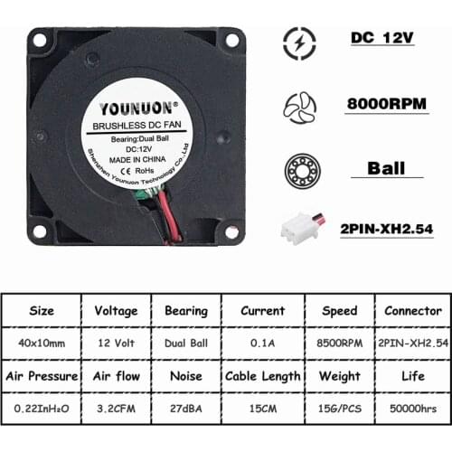 70PCS YOUNUON 3D Printer Fan 40mm 4010 Turbo Blower 12V Ball Bearing Cooling Fan 40mm x 40mm x 10mm for 3D Printer Part