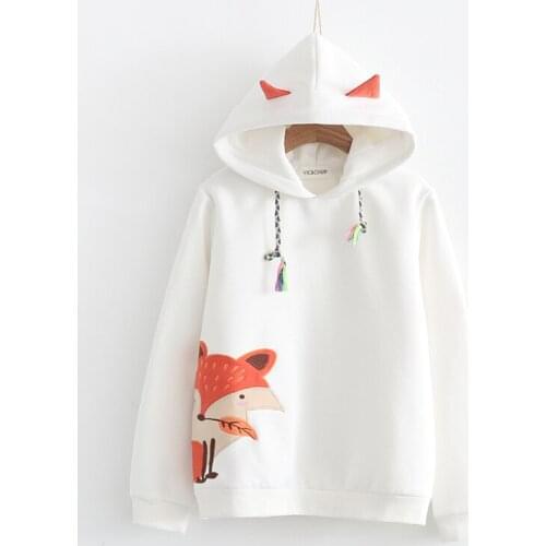 Spring Autumn Japanese Women Harajuku Sweatshirts Cute Fox Embroidery Tassel Hooded Long Sleeve Girl Sweet Pullover