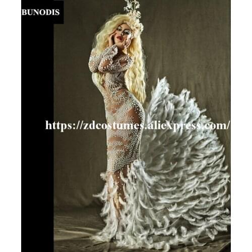 ZD309 Classic Women Sexy Net Yarn Long Skirt Sparkling Crystals Pearls White Feather Tail Fashion Show Party Birthday Bling