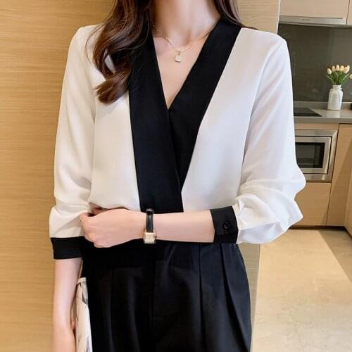 Chikichi V-neck Shirt Female Design Sense Niche Black and White Contrast Temperament OL Professional Chiffon Shirt Womens Tops