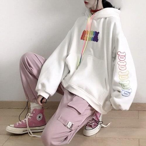 2020 Spring Autumn White Hooded Sweatshirt Women Korean Loose Plus Velvet Thickened Student Jacket Japanese Bear Printing Tops