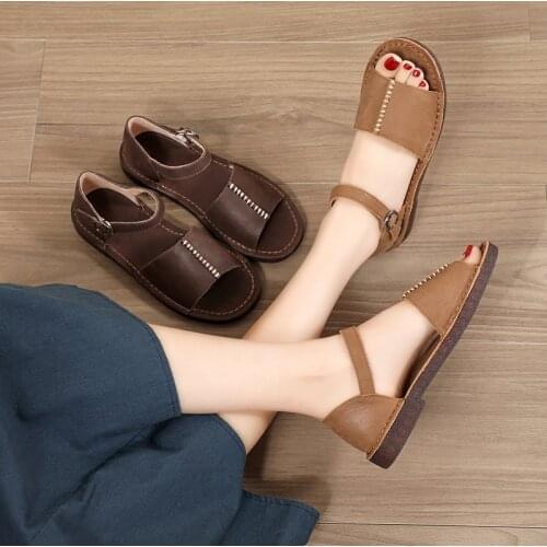 Womens Slippers Summer Females Genuine Leather Shoes Open-toe Flat Casual Sandals Ladies Outdoor Beach Flat Slippers
