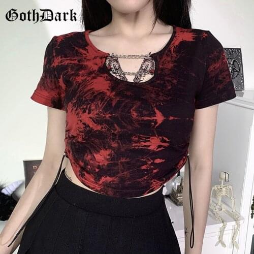 Goth Dark Gothic Blood Sexy Bodycon Tie Dye Women Summer Crop Top Tee Harajuku Bandage Hollow Out Chain T-shirts For Female 2020