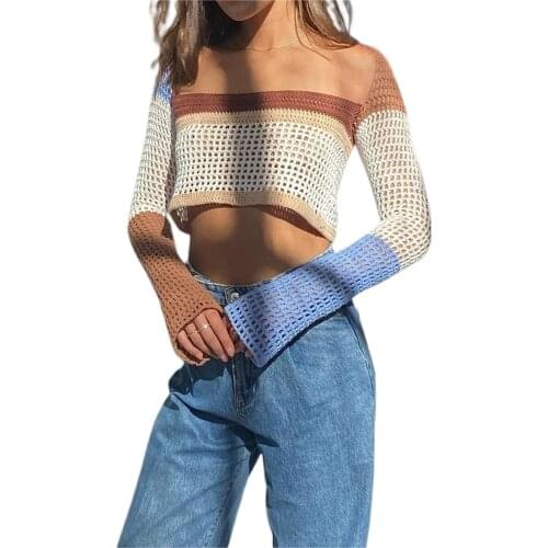 Women Knit Color Block Crop Top Y2k Long Sleeve Pullover Jumper Tops Hollow Out Crochet Patchwork Shirts Sweater 90S Streetwear