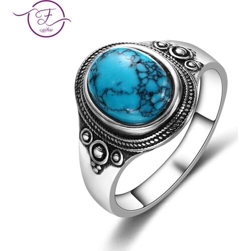 Natural 8x10MM Turquoise Womens Rings 925 Silver Gemstone Jewelry Party Anniversary Birthday Gift Daily Life