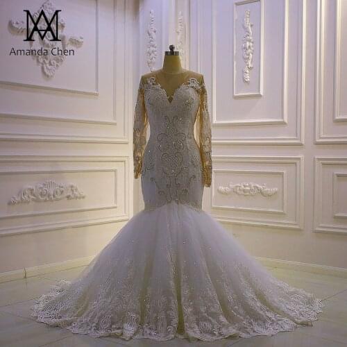 Dresses for women 2020 Long Sleeve Lace Appliqued Mermaid Off White Wedding Dress