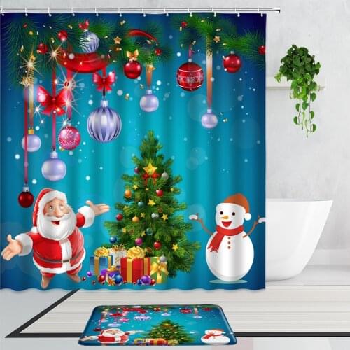 Christmas Shower Curtains Santa Claus Snowman Pine Tree New Year Decor Background Bathroom Fabric Curtain Set Non-Slip Carpet