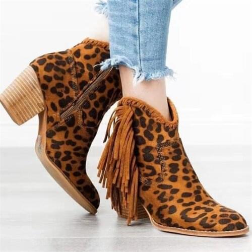 2019 Autumn Winter Genuine Leather Suede Ankle Boots Leopard Tassel Side Zip Womens Boots High Heel Short Boots Party Shoes
