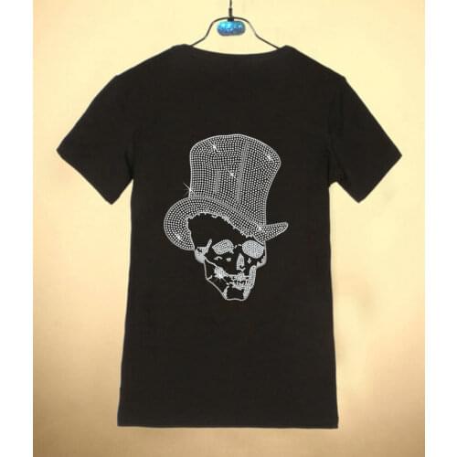 Skull with hat iron on crystal transfers design hot fix rhinestone transfer motifs applique patches shirt