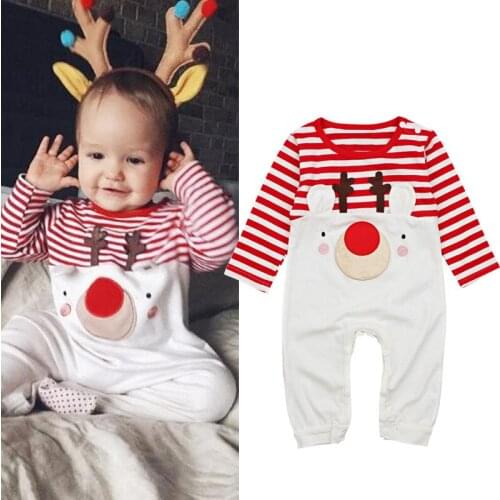 BealahollySpring and Autumn Newborn Christmas Clothes Girls Stripe Elk Print Newborn Romper Lovely Baby Christmas Wear