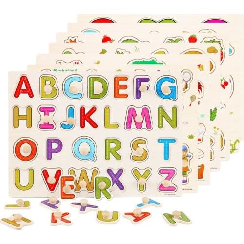 Montessori Wooden Puzzles Hand Grab Board Tangram Jigsaw Baby Educational Toys Cartoon Vehicle Marine Animal Puzzles Kids Gift