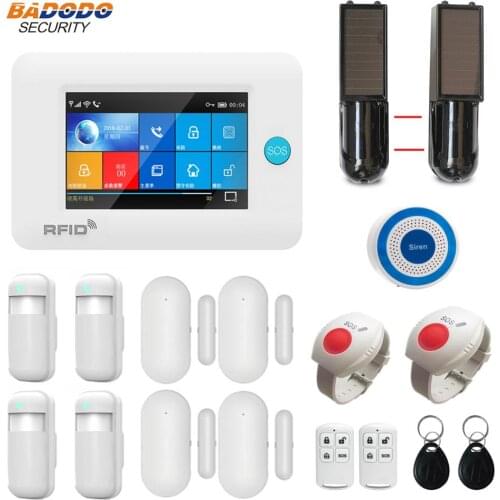WiFi GSM GPRS home Alarm system 4.3 inch Touch Screen with 100m solar powered infrared beam sensor (optional) sos panic button