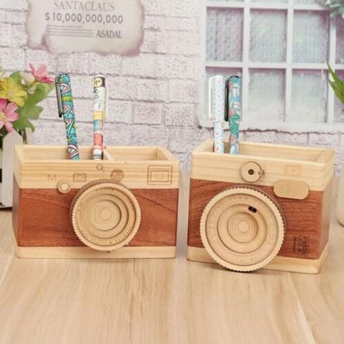 Retro Camera Double-layer Pen Holders Creative Desk Organizer Wooden Pen Pencil Case Holder Stand Learning Stationery Storage