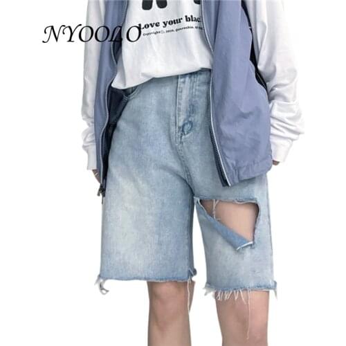 NYOOLO Vintage Streetwear Destroyed Hole High Waist Washed Denim Shorts Women Men 2021 Summer Hip Hop Punk Straight Blue Jeans
