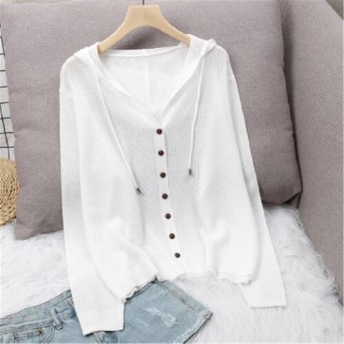 Long Sleeve Cardigan Women Summer Knitted Cardigan Button Up Hooded Jacket Ice Silk Sweater Thin Sunscreen Tops