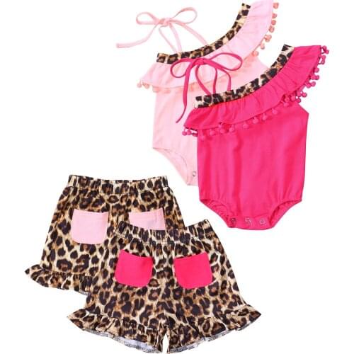 FOCUSNORM Newborn Baby Girls Clothes Sets 2pcs Leopard One Shoulder Tassel Romper Tops Shorts 0-12M