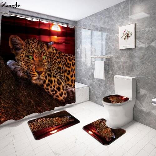 Zeegle Bathroom Carpet Set Leopard Printing Shower CurtainWaterproof Home Polyester Carpet Door Mat Bathroom Shower Curtain Set
