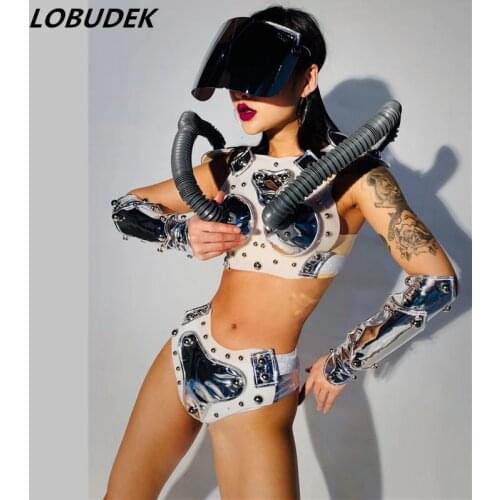 Bar Party Show Female Sexy Stage Costume Personality White Rivet Bikini Mask Set Club DJ Singer Dance Team Space Dance Outfits