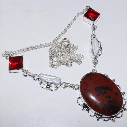 Mahogany Obsidian & Garnet Necklace Silver Overlay over Copper , 48.3 cm, N0822