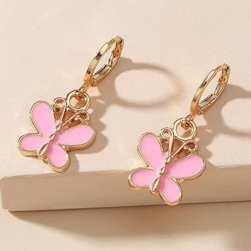 Sweet Pink White Butterfly Hoop Earrings for Women Ladies Mini Cute Animal Drop Huggies Earings Trendy Party Jewelry