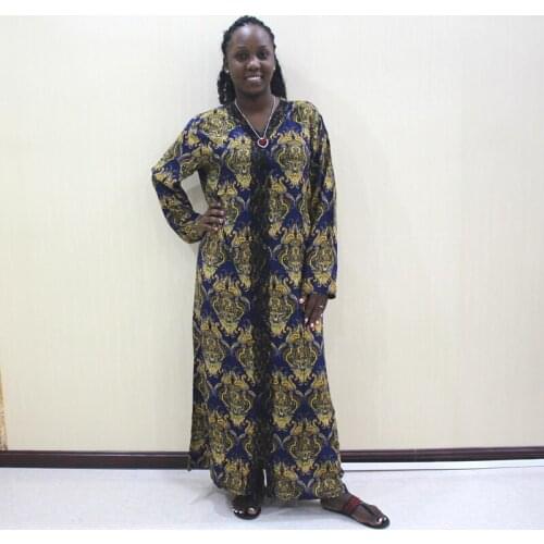 2019 New African Lace Fabric Autumn Bohemian Loose Womens Dress Fashion Print V-Neck Lace Long Sleeve for Ladies Maxi Dress